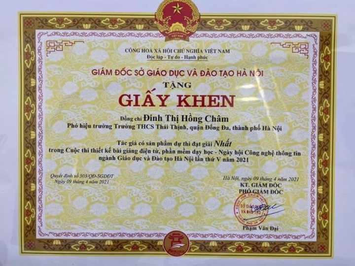 Chúc mừng cô giáo Đinh Thị Hồng Châm đã đạt Giải Nhất bài giảng e-learning tại ngày hội CNTT lần thứ 5 ngành GD&ĐT Thủ đô!